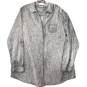 Soft Surroundings XL Gray Leopard Print Shirt Button Up Tab Long Sleeve Top